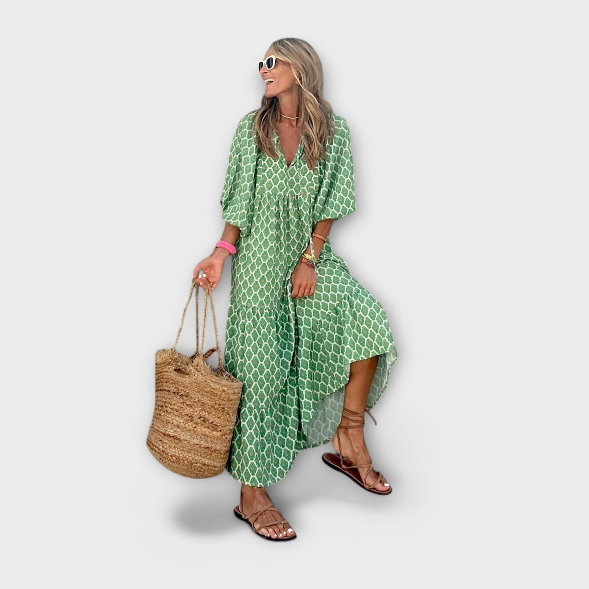 Robe Longue Élégante Verte à Motif Géométrique