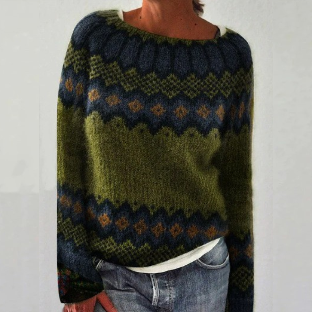 Salomé | Pull Rétro Vert Olive à Motif Zigzag