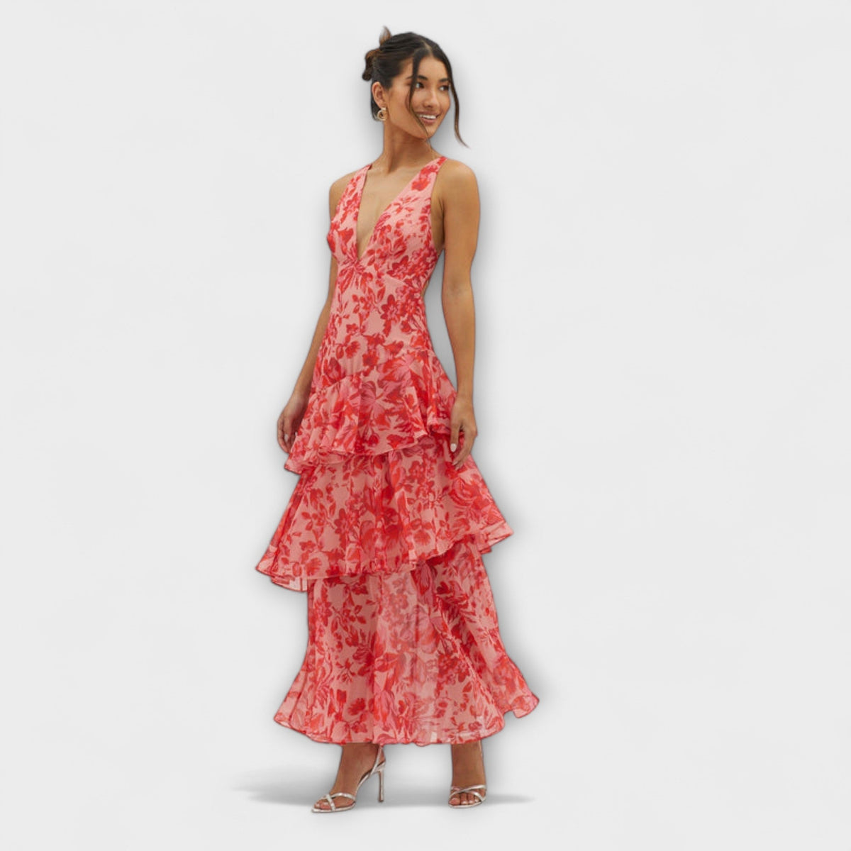 Faye - Robe Midi à Étages Rouge à Motif Floral