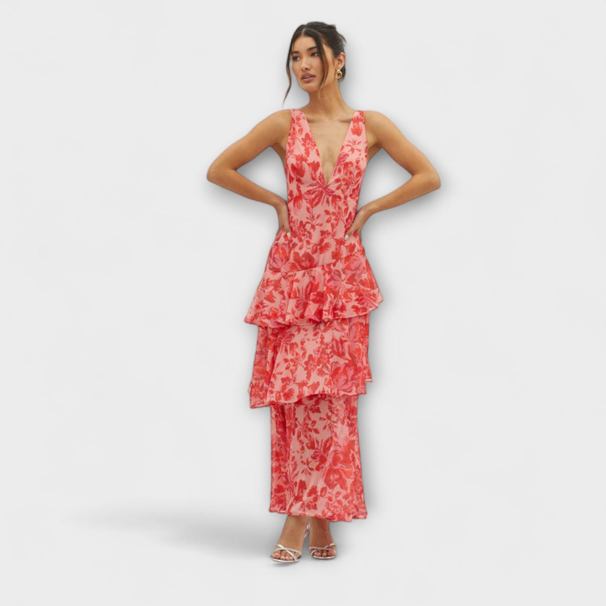 Faye - Robe Midi à Étages Rouge à Motif Floral