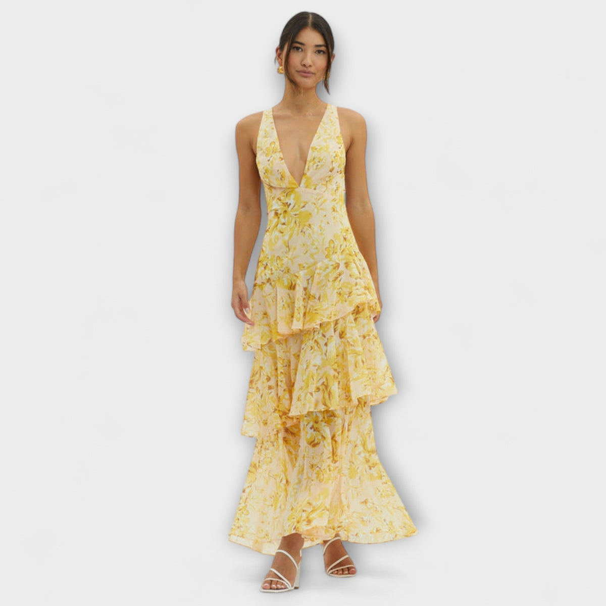 Faye - Robe Midi à Étages Rouge à Motif Floral