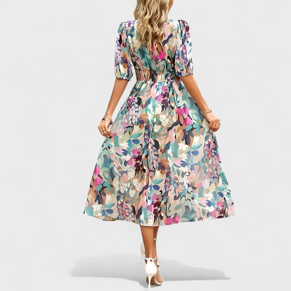 Clara - Robe Midi Bleue à Motif Floral