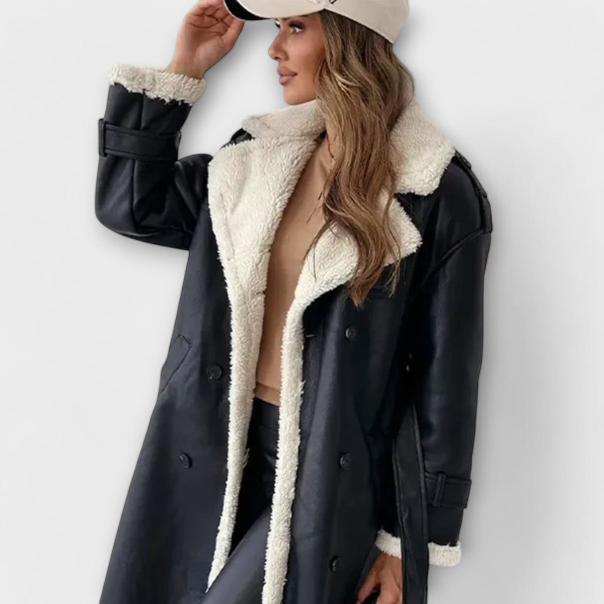 Maria - Veste Longue Classique Noire Doublée Fourrure
