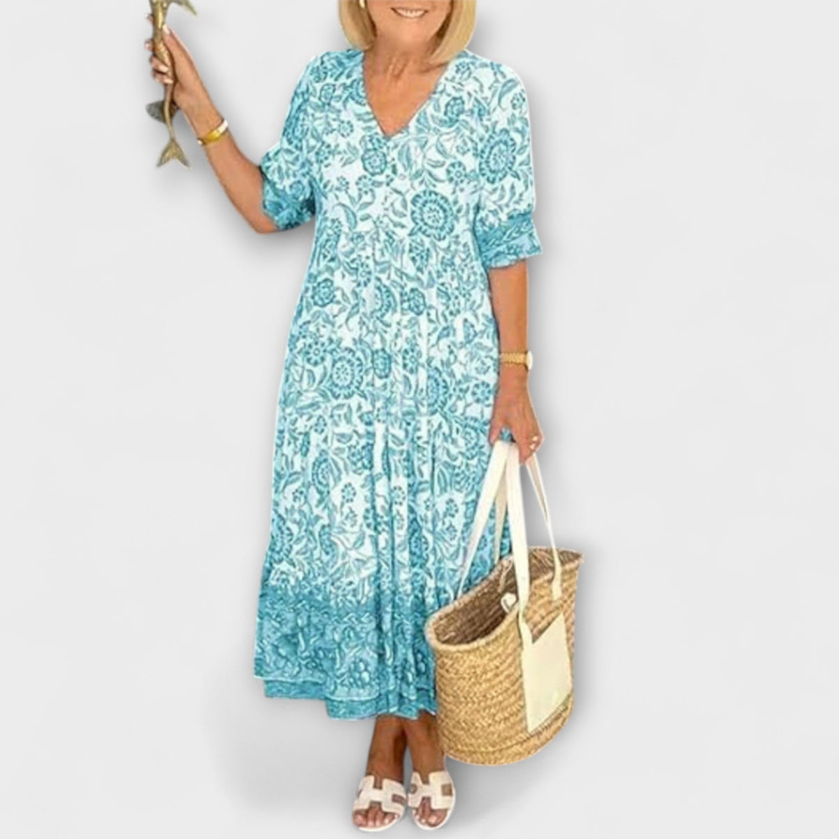 Caitlin - Robe Légère Bleue et Blanche à Motif Floral