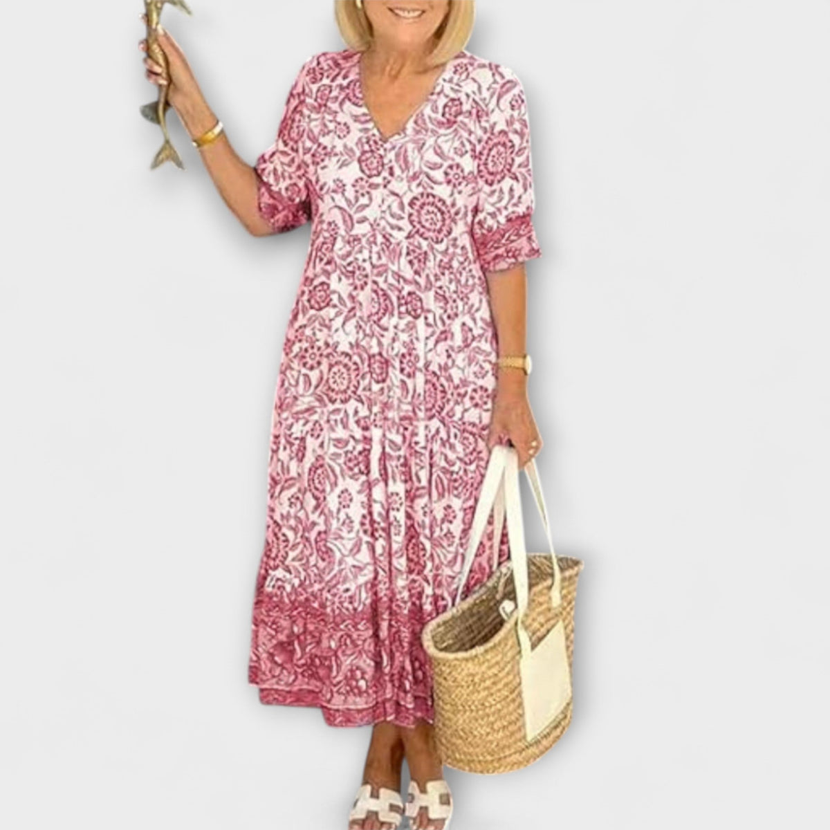 Caitlin - Robe Légère Bleue et Blanche à Motif Floral