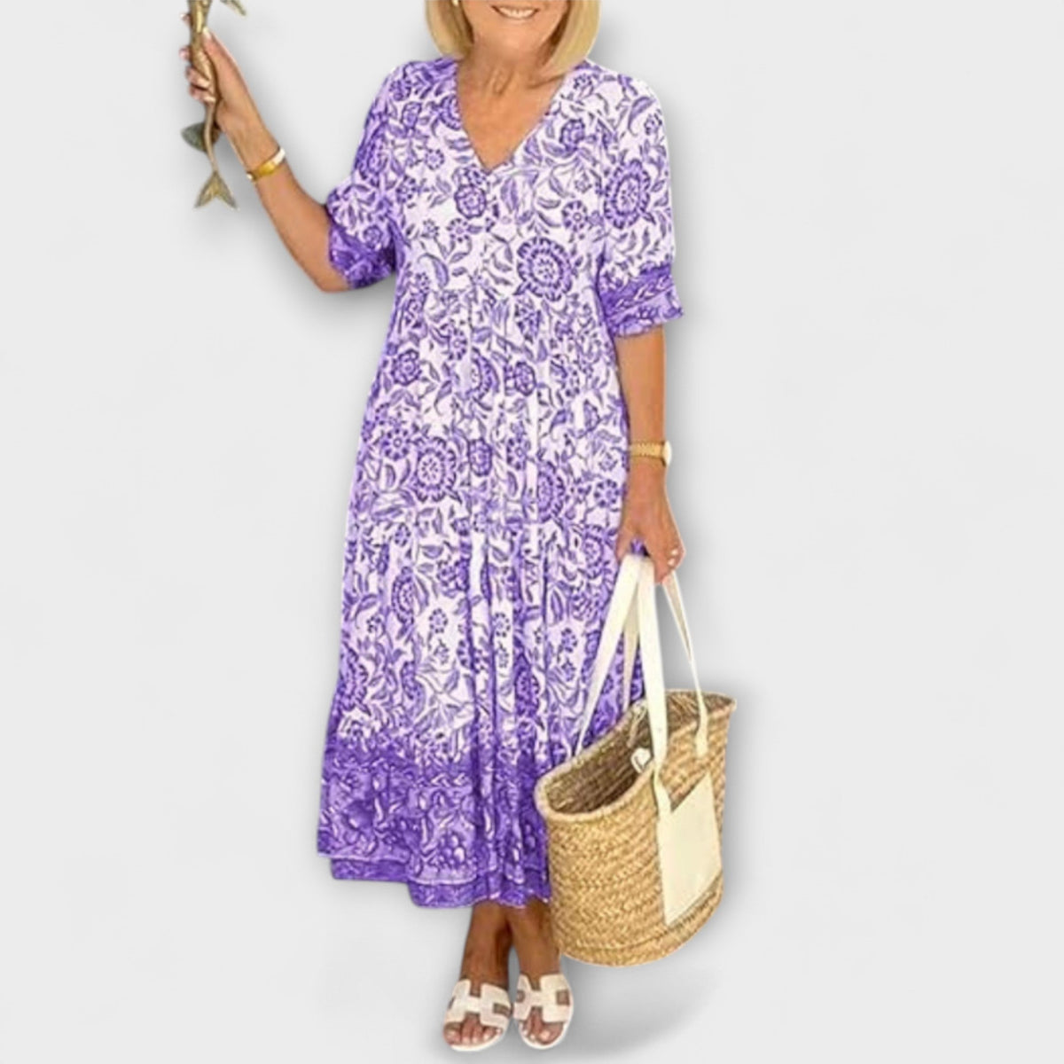 Caitlin - Robe Légère Bleue et Blanche à Motif Floral