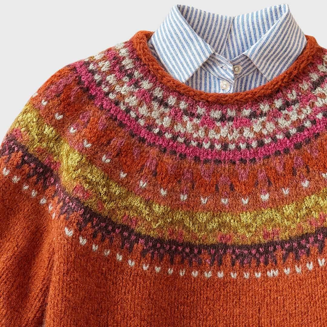 Simone | Pull Vintage Rouille à Motif Norvégien