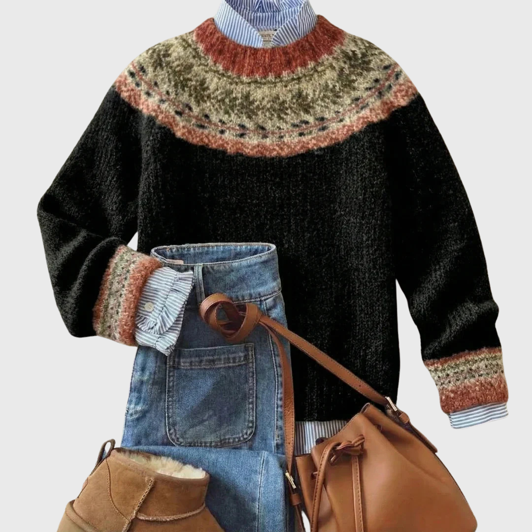Elveria | Pull Vintage Noir à Empiècement Norvégien