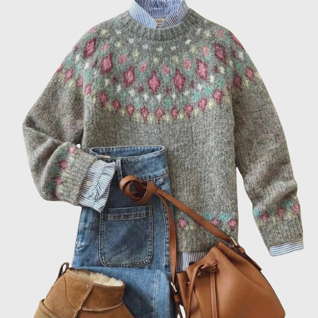 Lara | Pull Vintage Gris à Motif Fleuri
