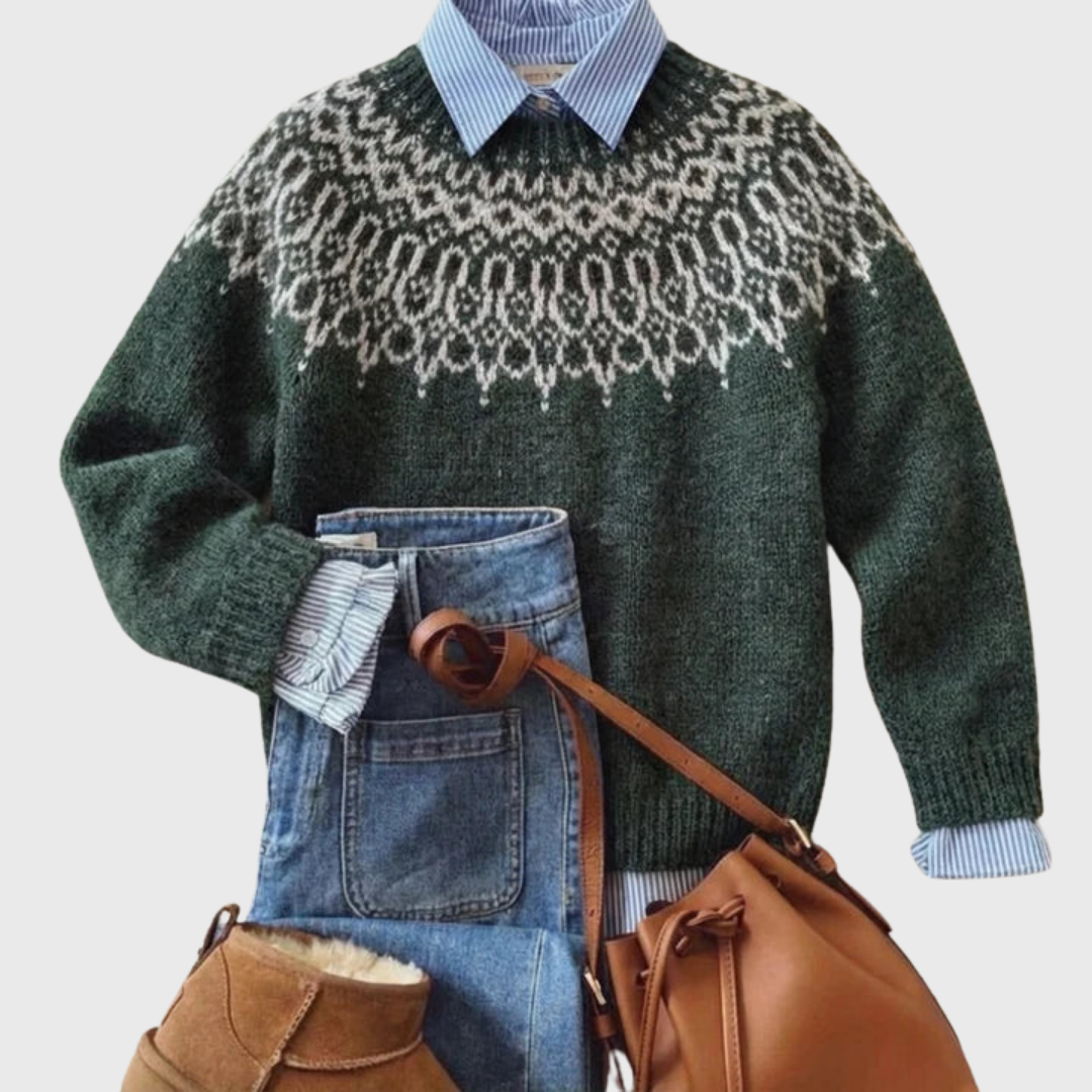 Tando | Pull Vintage Vert Foncé à Motif Flocons de Neige