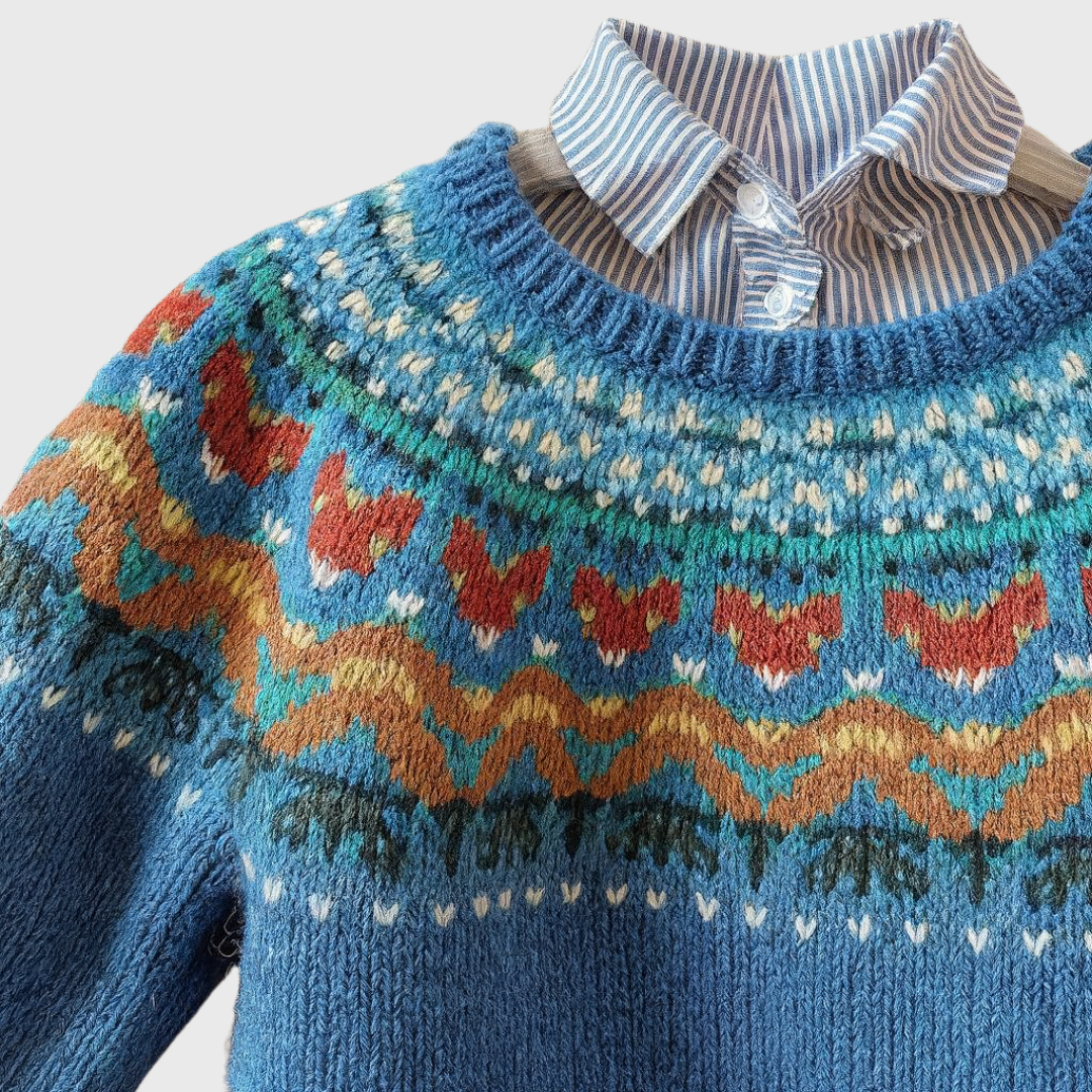 Velve | Pull Vintage Bleu à Motif Norvégien