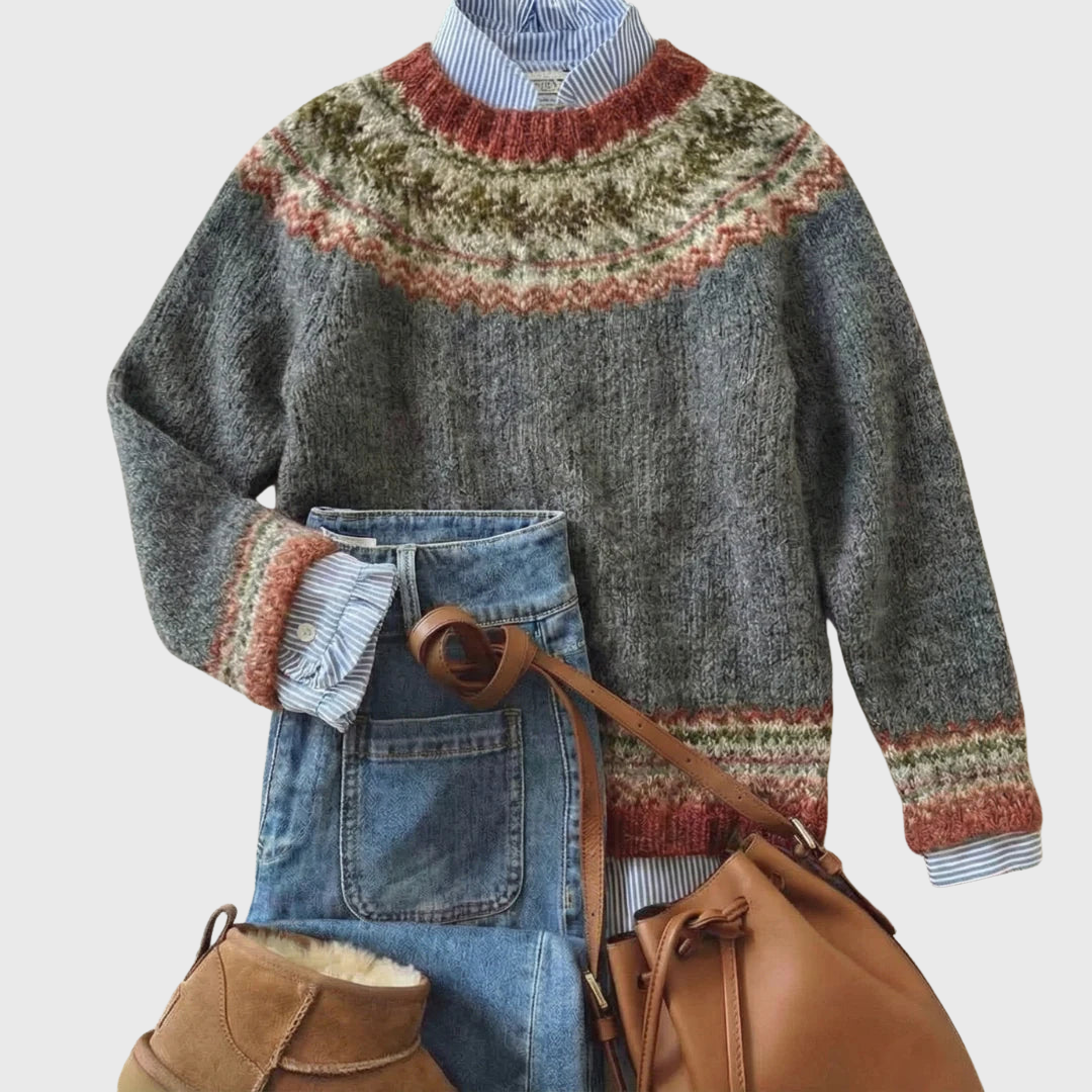 Marve | Pull Vintage Gris à Motif Norvégien