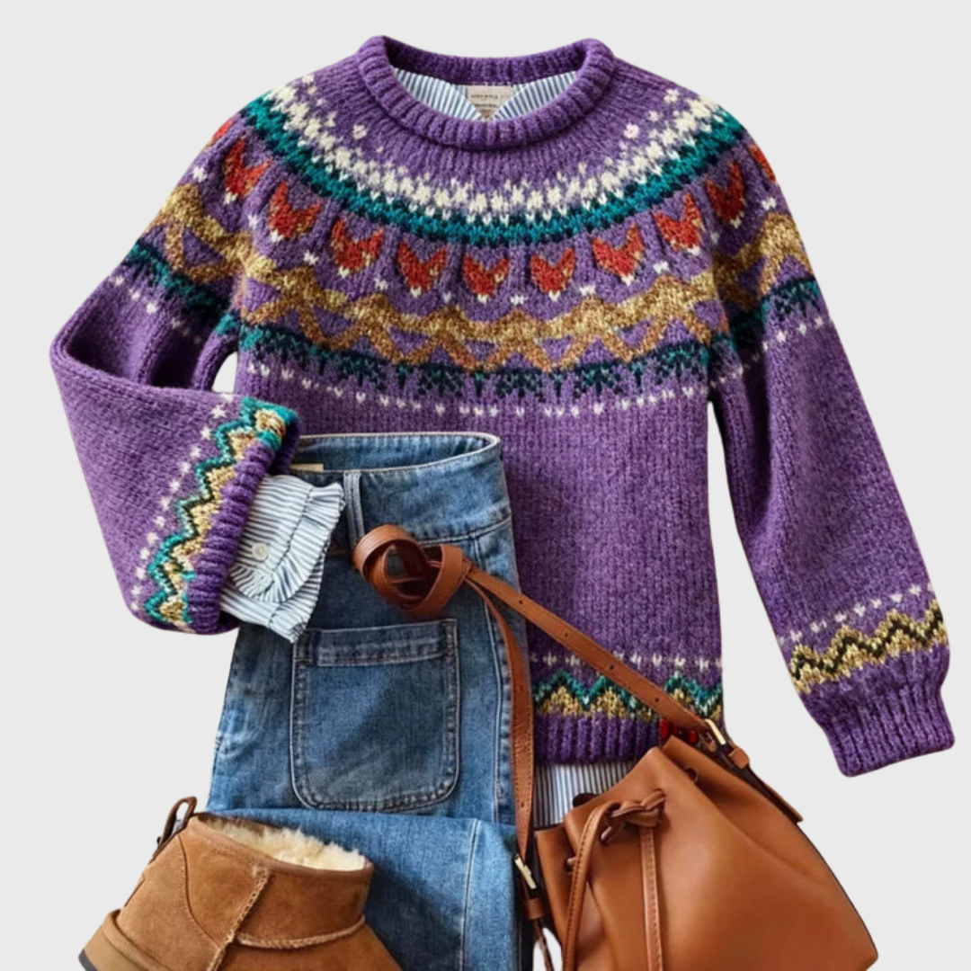 Silvi | Pull Vintage Violet à Motif Norvégien