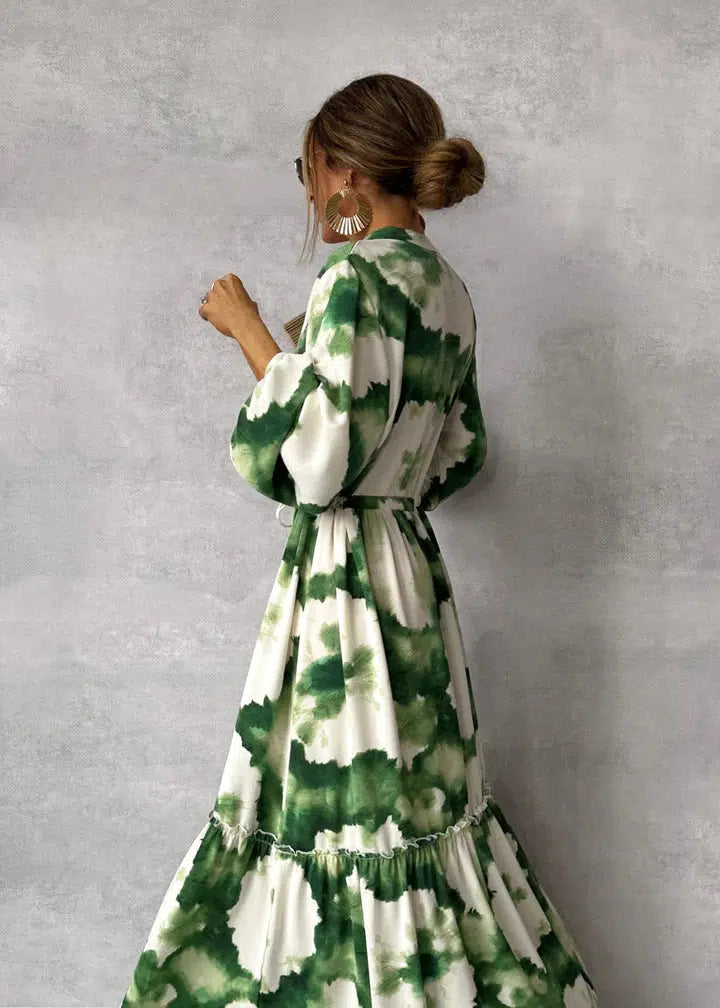 Gabriela - Robe Longue Élégante Verte et Blanche