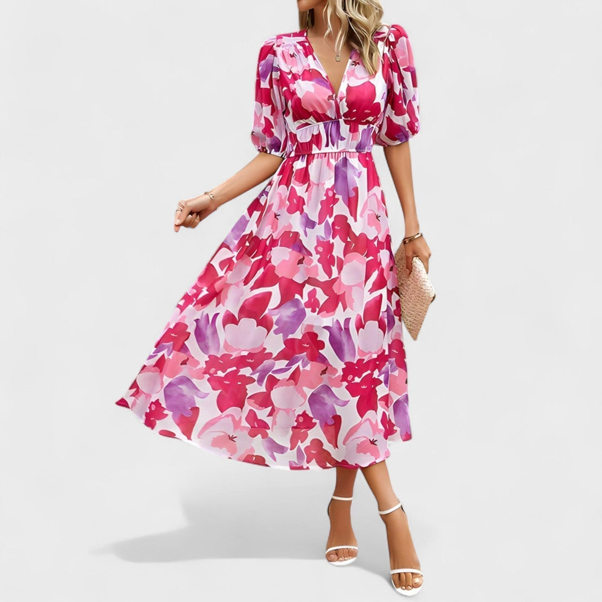 Clara - Robe Midi Bleue à Motif Floral