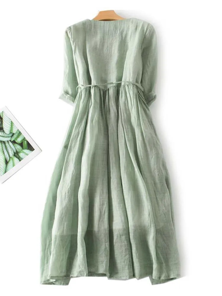 Robe Longue en Lin à Bretelles Vert Sauge