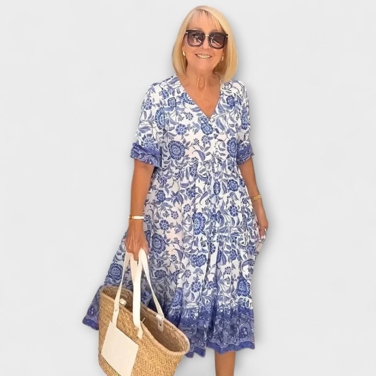 Caitlin - Robe Légère Bleue et Blanche à Motif Floral