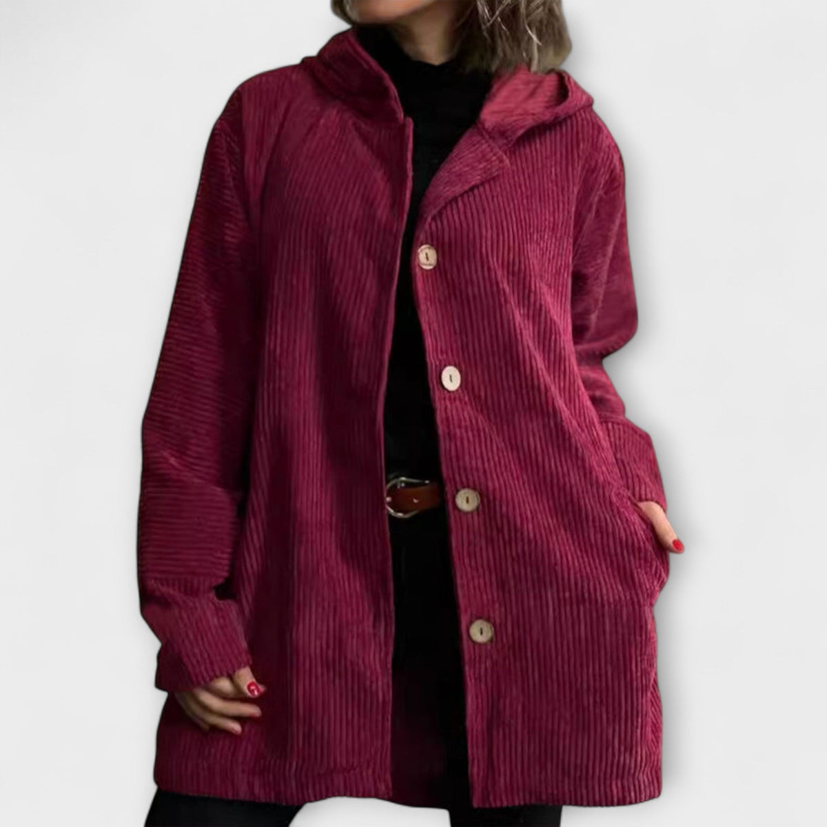 Ladia - Veste à Capuche en Velours Côtelé Bordeaux