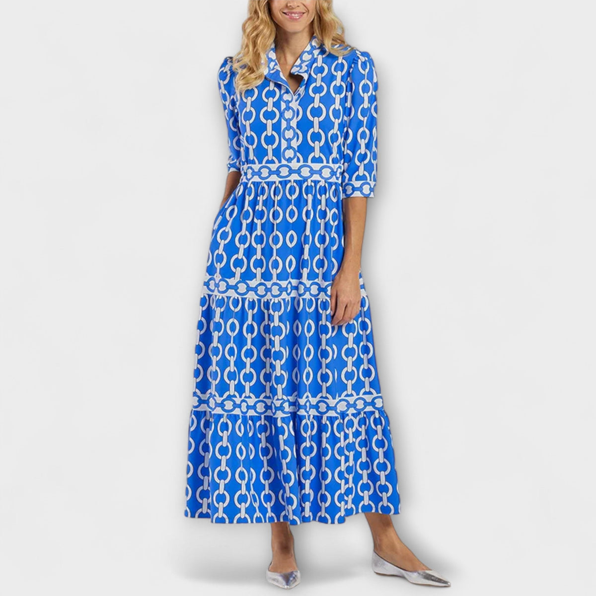 Sofia - Robe Midi Bleue à Motif Chaînes