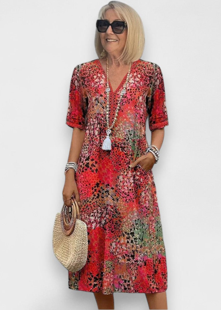 Lia - Robe Midi Rouge à Motif Floral
