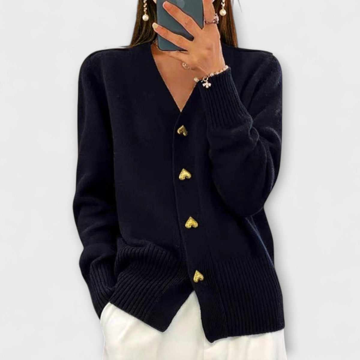 Marij - Cardigan Bleu Foncé à Col V, Style Vintage
