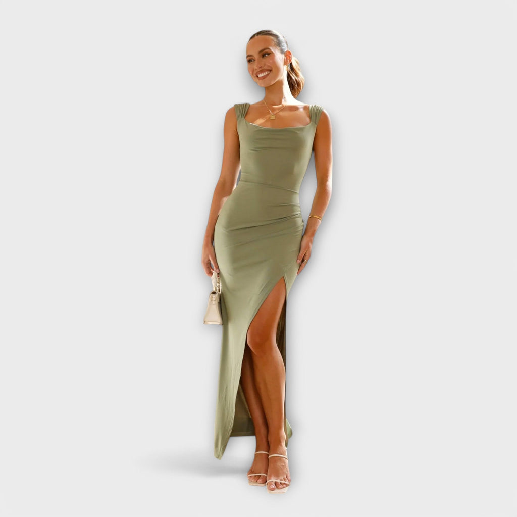 Ellie - Robe Midi Ajustée Vert Olive à Fente