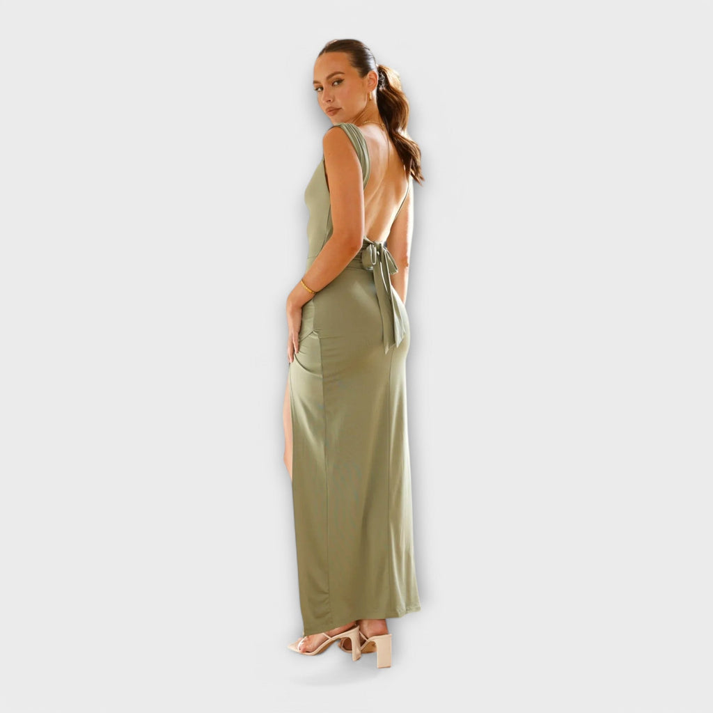 Ellie - Robe Midi Ajustée Vert Olive à Fente