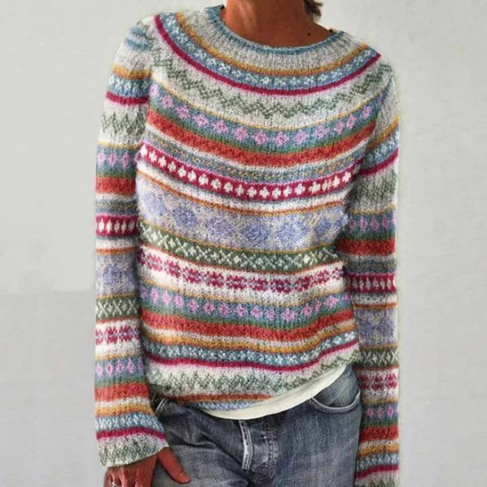 Aada | Pull Rétro Gris à Motif Norvégien Coloré