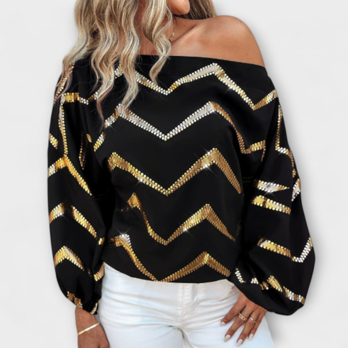 Bianca - Chemisier de Printemps Noir à Zigzag Doré
