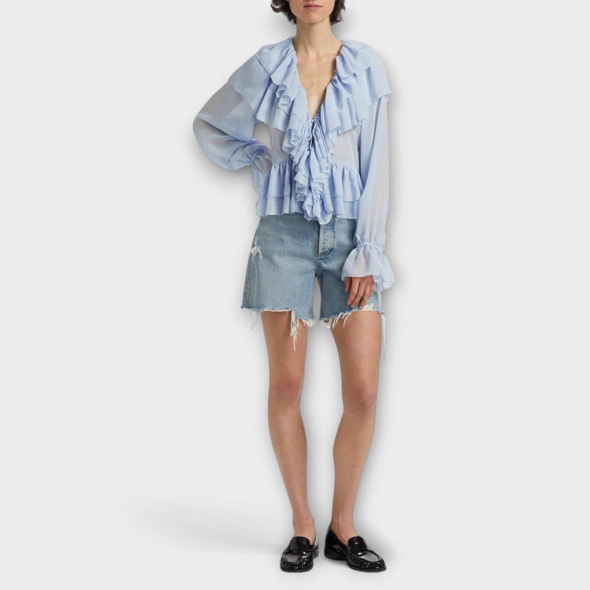 Martha - Chemise à Volants Bleu Clair à Rayures