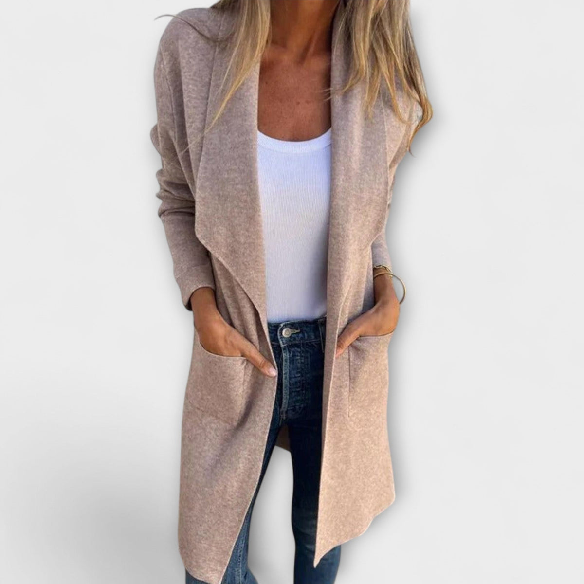 Libi - Manteau Cardigan Cintré Rose Poudré
