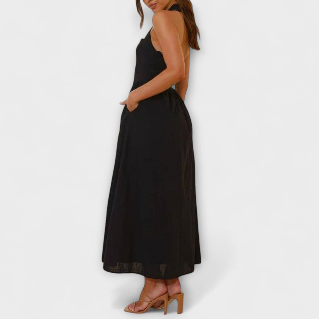 Lydia - Robe Mi-Longue Noire Dos-Nu à Détail Taille