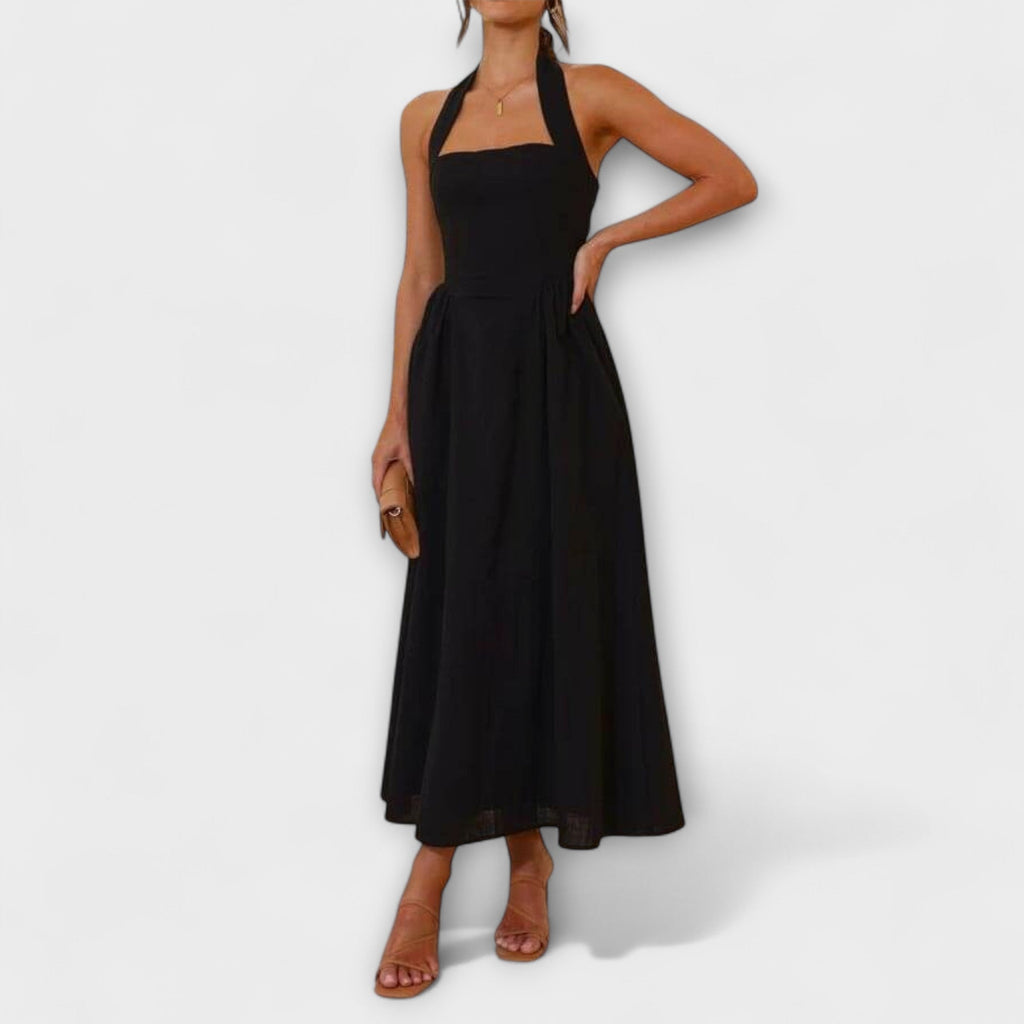 Lydia - Robe Mi-Longue Noire Dos-Nu à Détail Taille