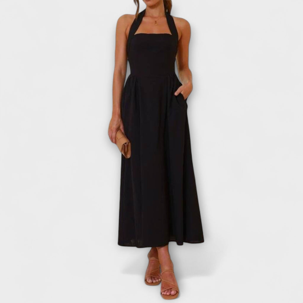 Lydia - Robe Mi-Longue Noire Dos-Nu à Détail Taille