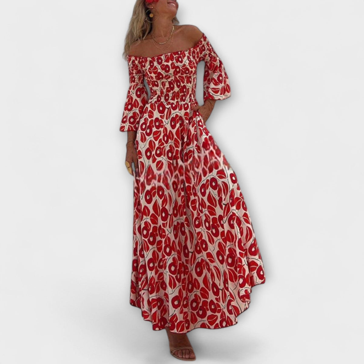 Sienna - Robe Longue Rouge Épaules Dénudées à Fleurs