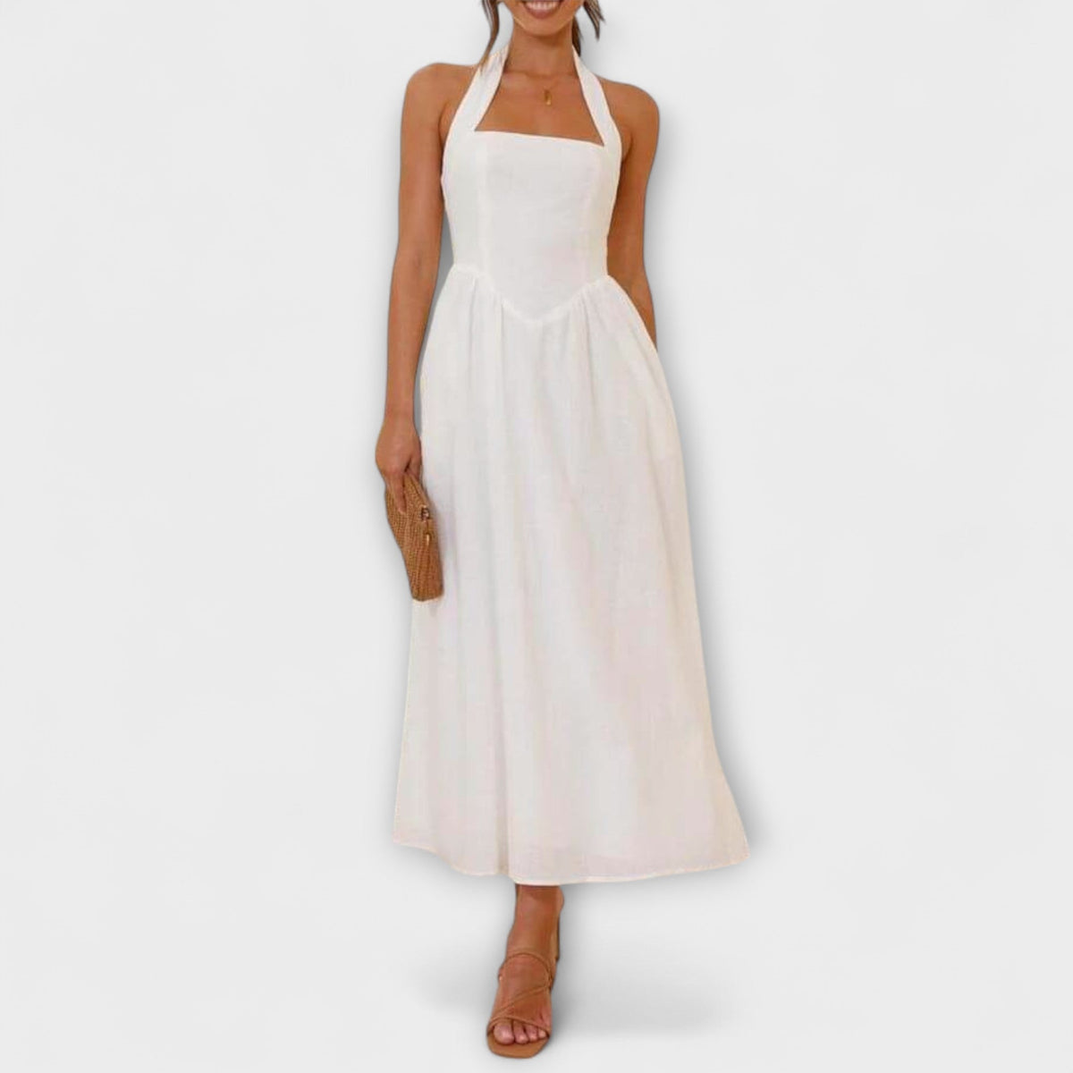 Lydia - Robe Mi-Longue Noire Dos-Nu à Détail Taille