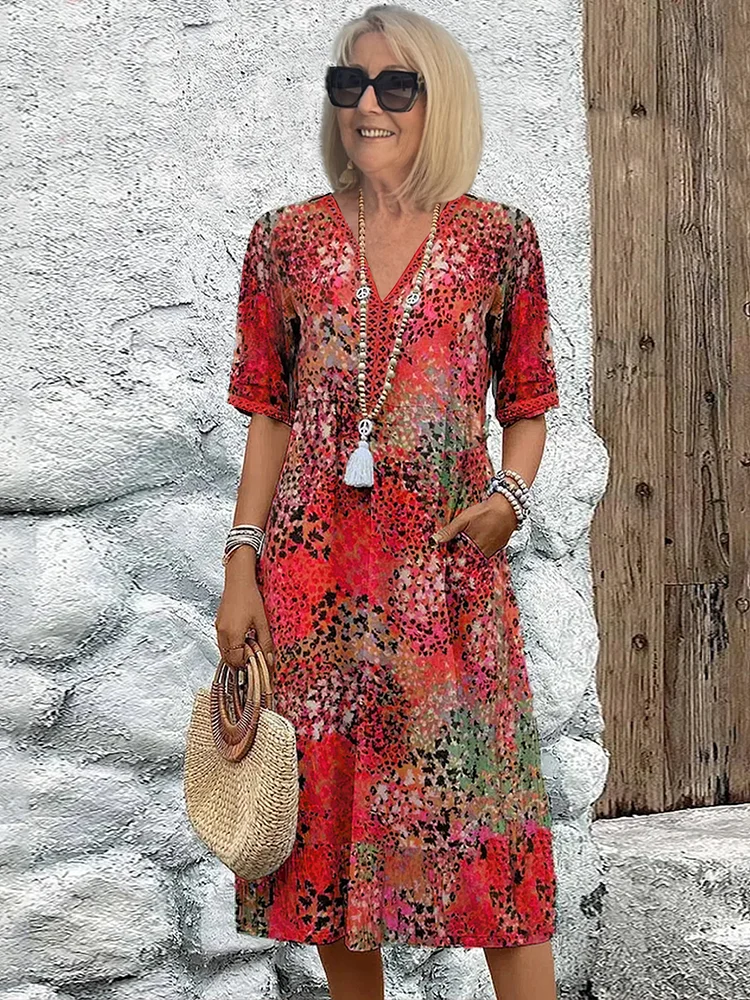 Lia - Robe Midi Rouge à Motif Floral