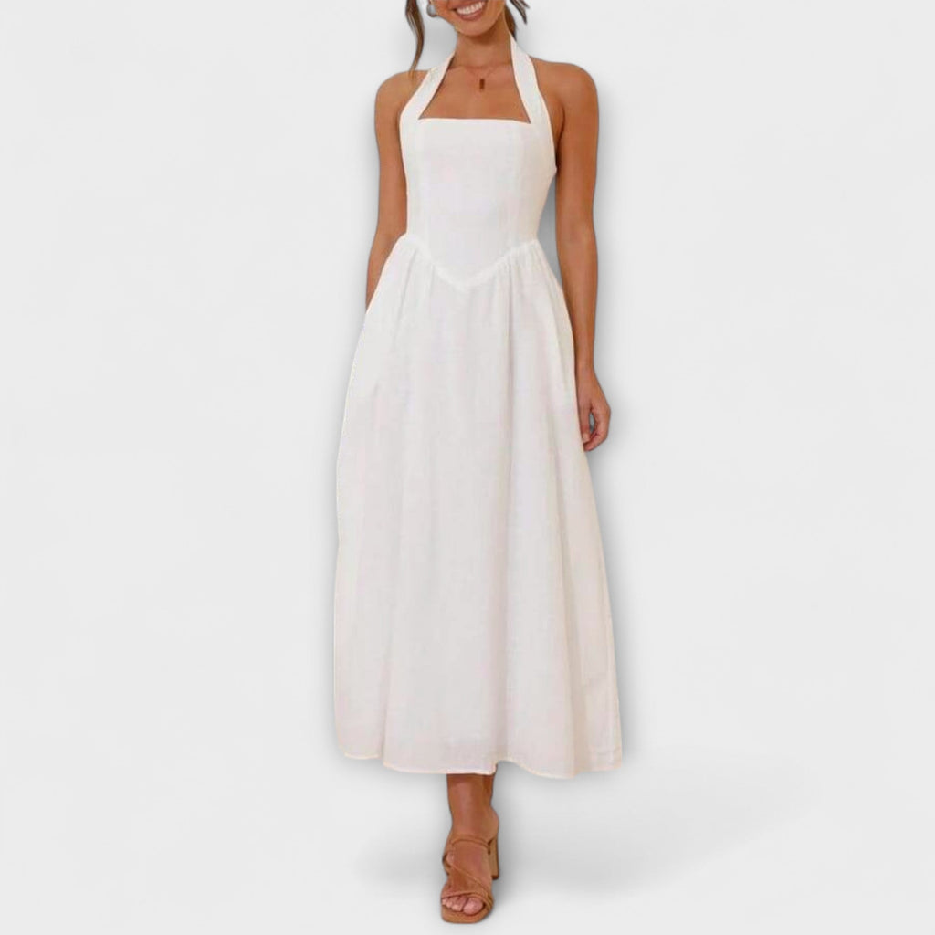 Lydia - Robe Mi-Longue Noire Dos-Nu à Détail Taille