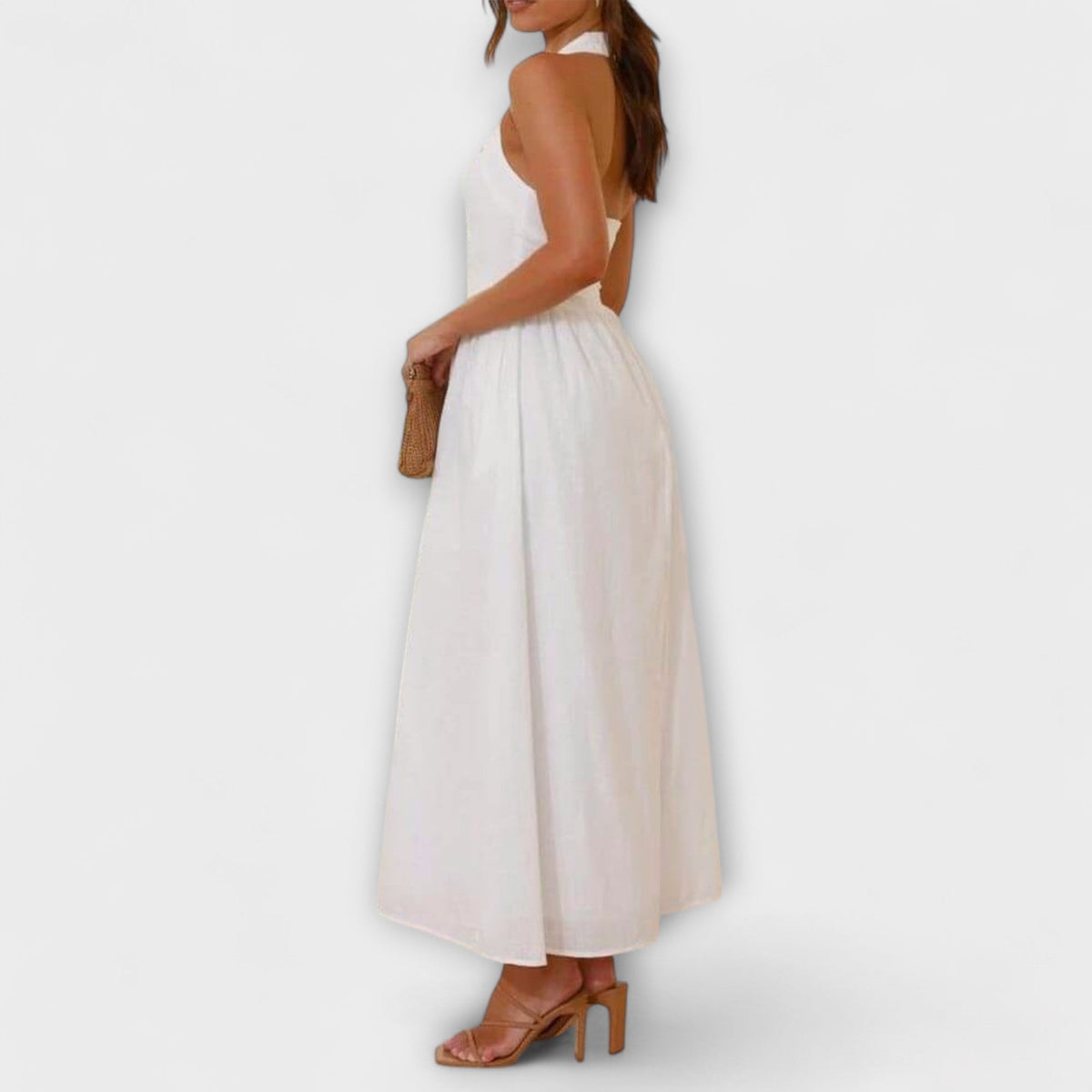 Lydia - Robe Mi-Longue Noire Dos-Nu à Détail Taille