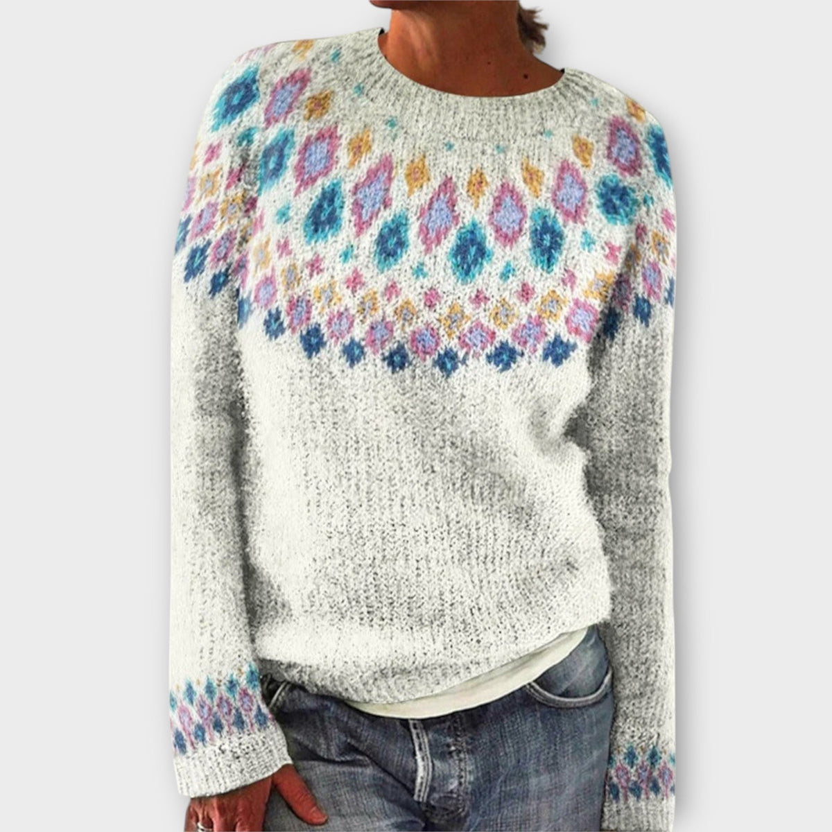 Devyn - Pull Douillet Bleu Pétrole à Motif Norvégien