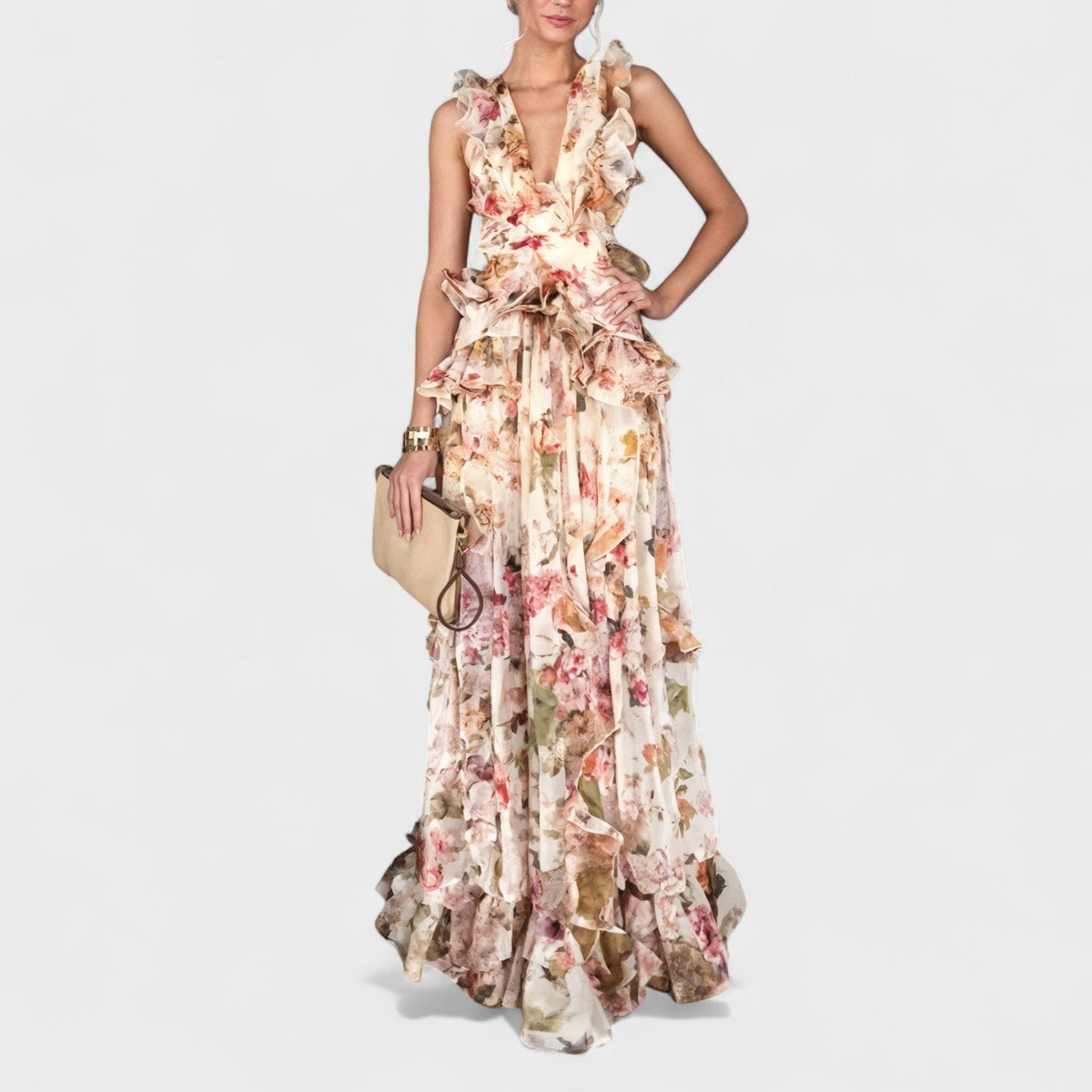 Isabela - Robe Longue à Volants et Motif Floral