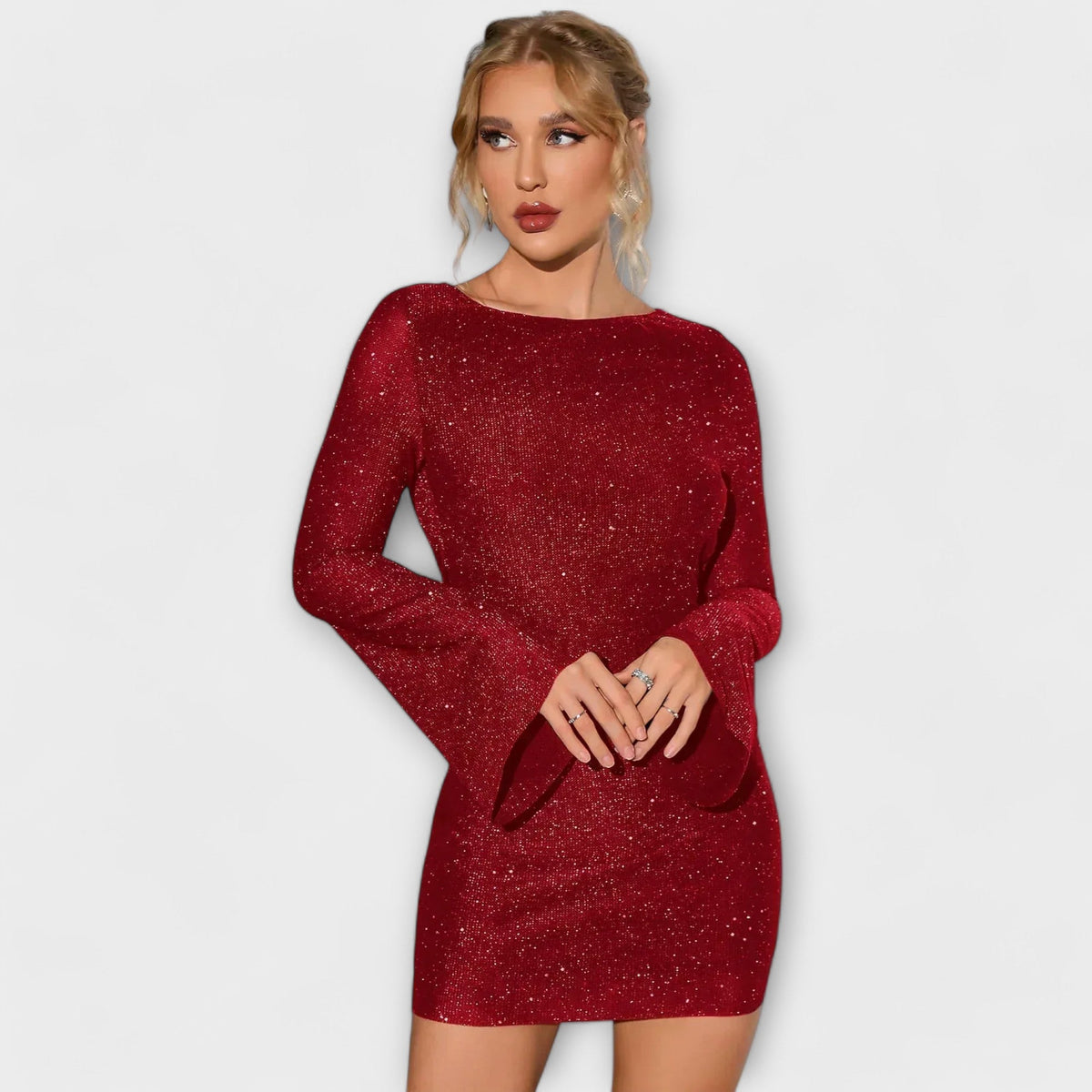 Robe Dos Nu Verte Pailletée à Manches Longues