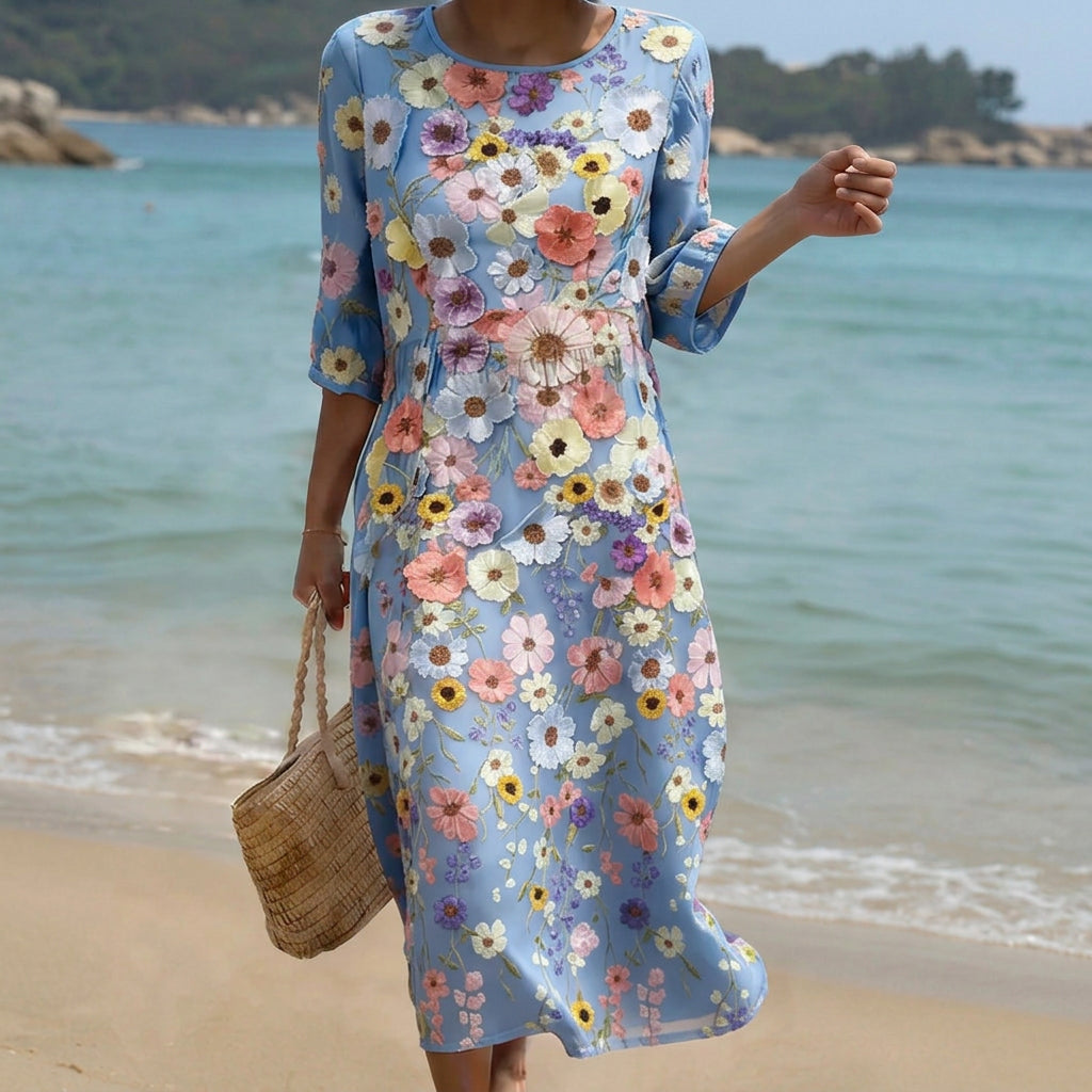 Mel - Robe Midi Claire à Motif Floral Coloré