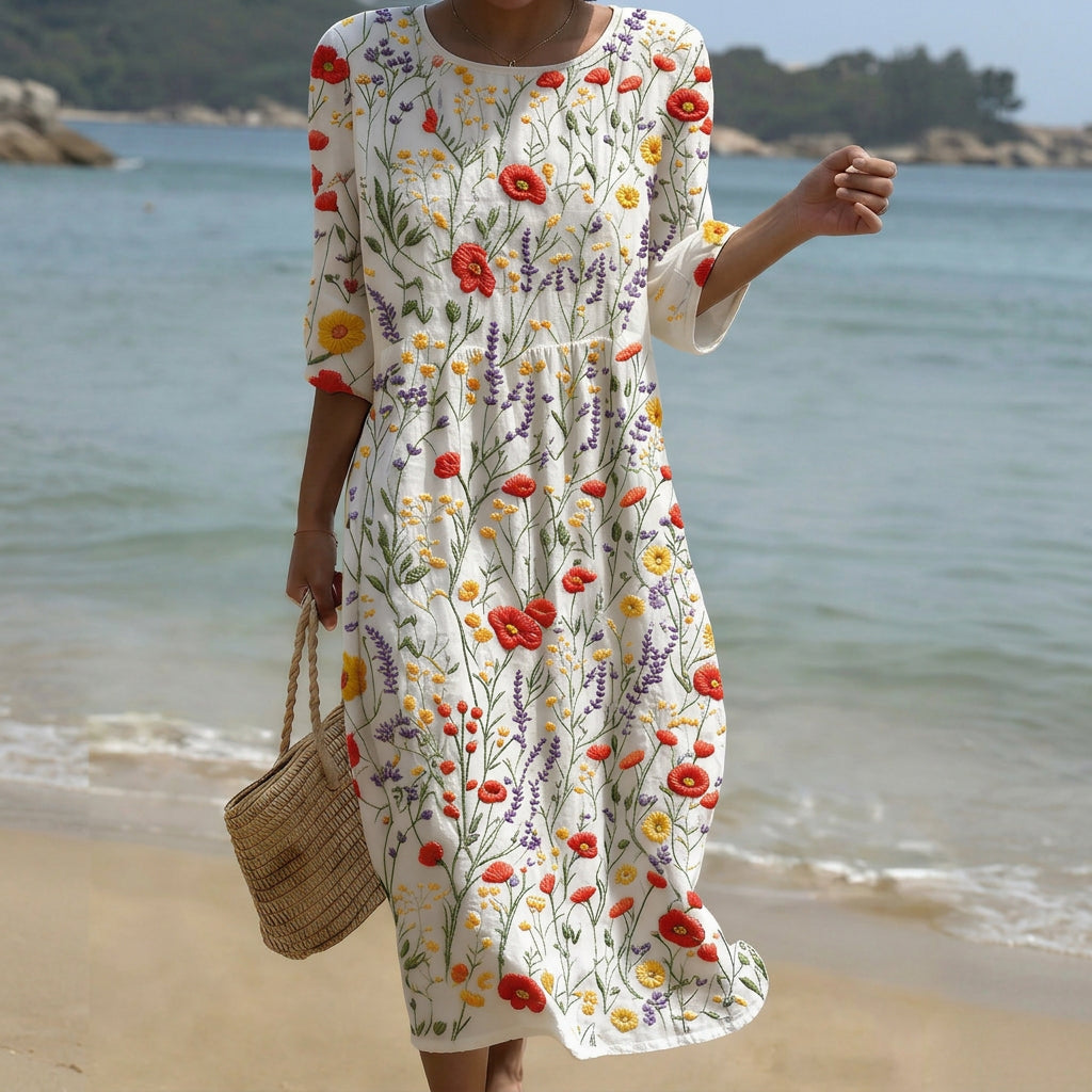 Cristina - Robe Longue Blanche Brodée de Fleurs Colorées