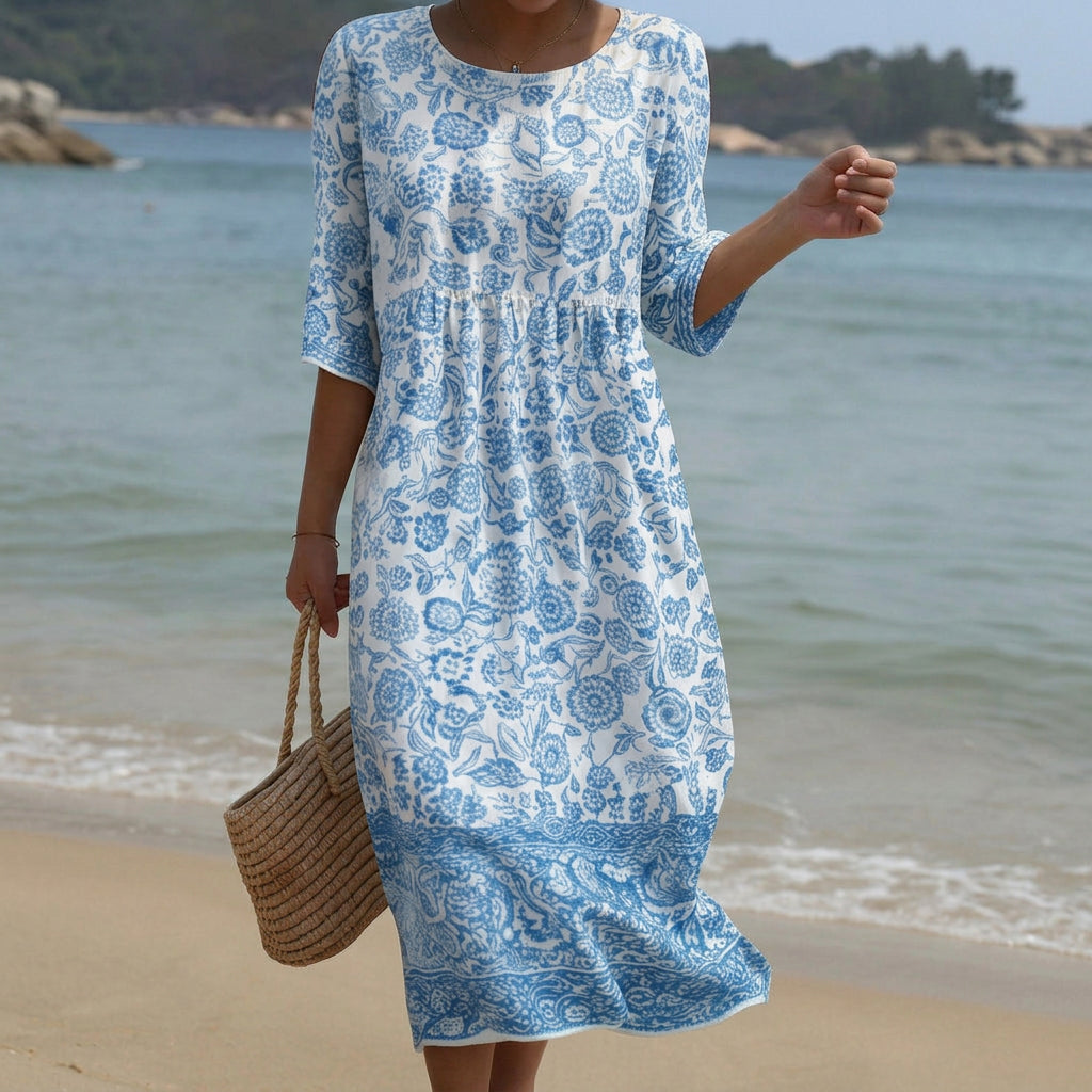 Sofia - Robe Longue Bleue et Blanche à Motif Ornemental