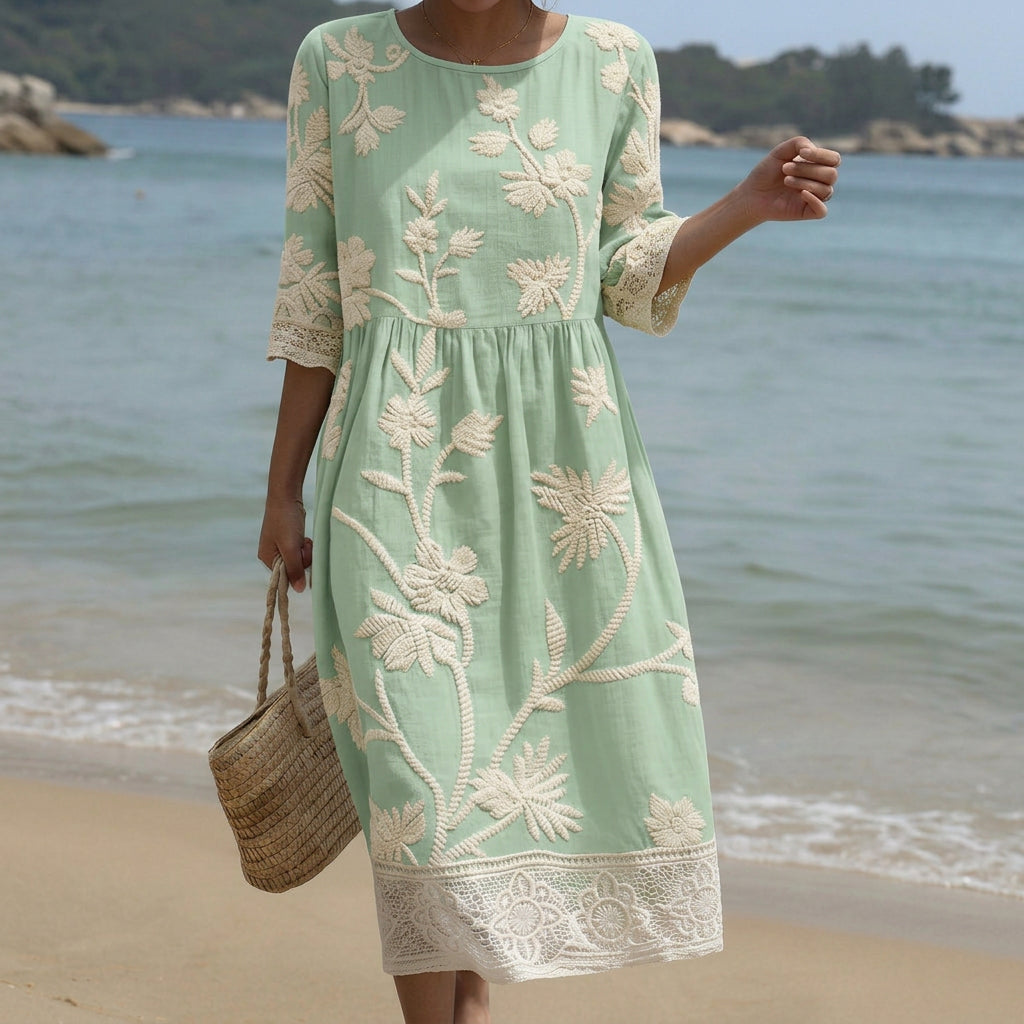 Gabi - Robe Midi Vert Menthe Brodée de Fleurs