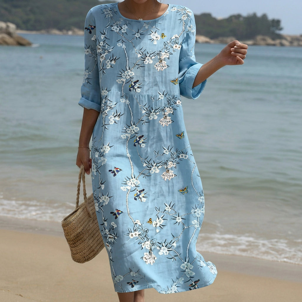 Beatriz - Robe Longue Bleu Clair Brodée de Fleurs