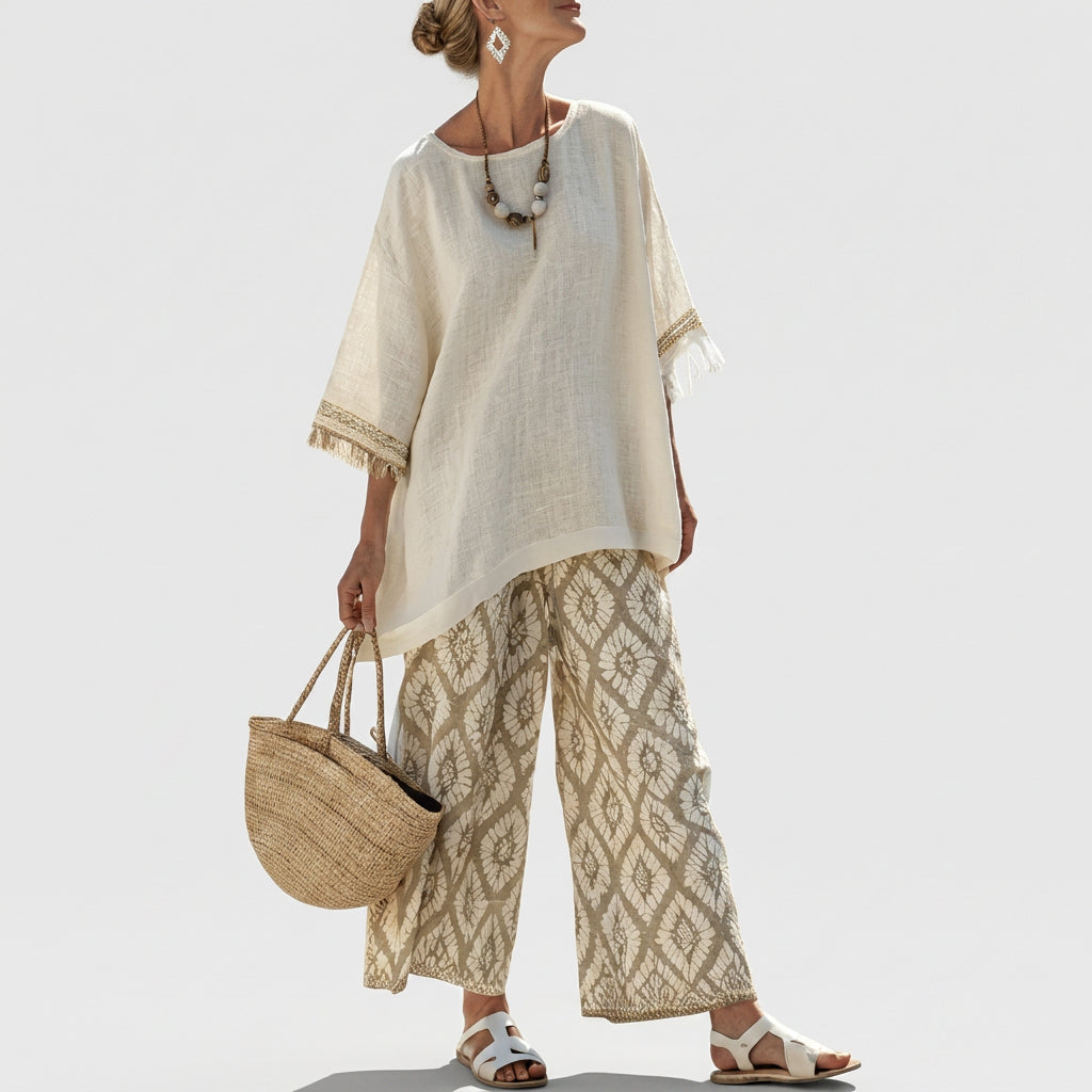 Eduarda - Ensemble Boho Chic Élégant Crème à Motif Ikat