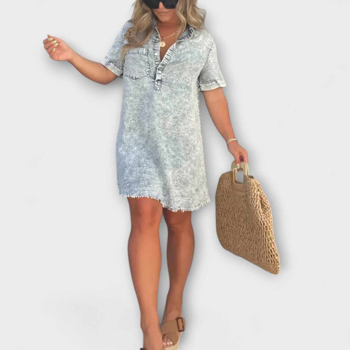 Vera - Robe Chemise en Denim Bleu Clair à Dentelle