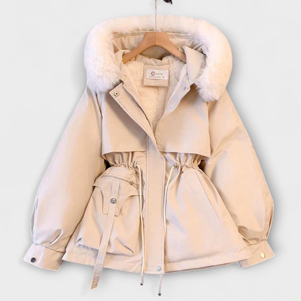 Bela - Doudoune Élégante Beige à Col Fourrure